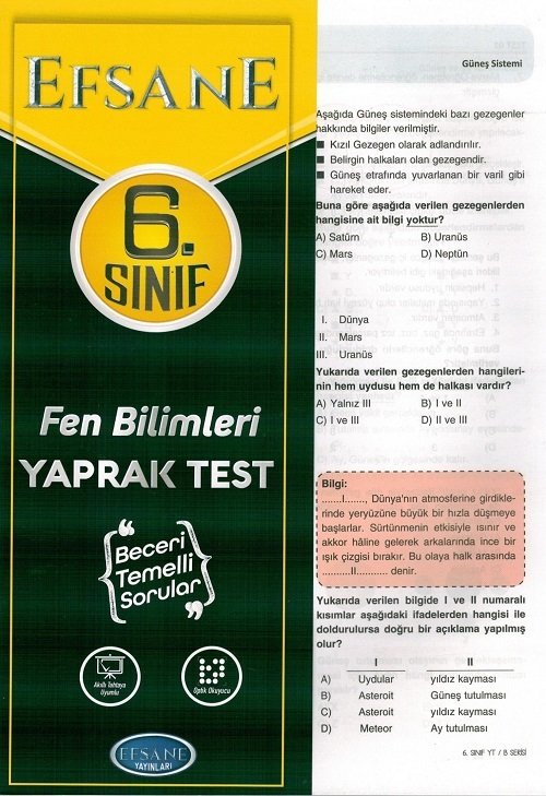 Efsane Yayınları 6. Sınıf Fen Bilimleri Yaprak Test Efsane Yayınları