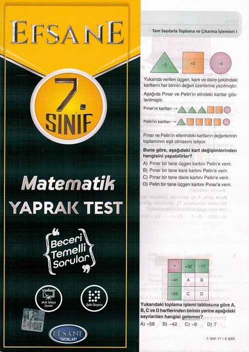 Efsane 7. Sınıf Matematik Yaprak Test Efsane Yayınları