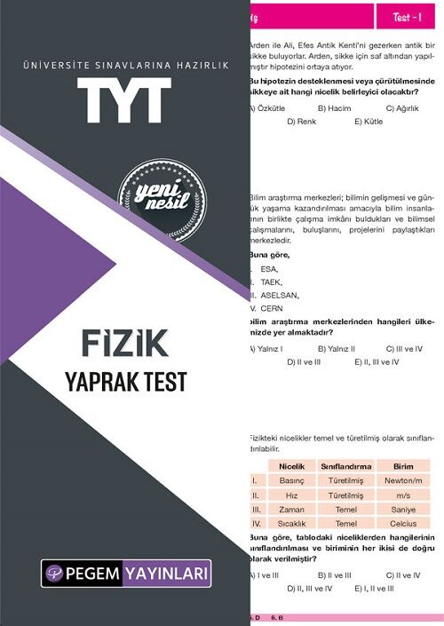 Pegem YKS TYT Fizik Yaprak Test Pegem Akademi Yayınları