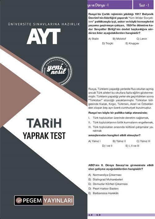 Pegem YKS AYT Tarih Yaprak Test Pegem Akademi Yayınları