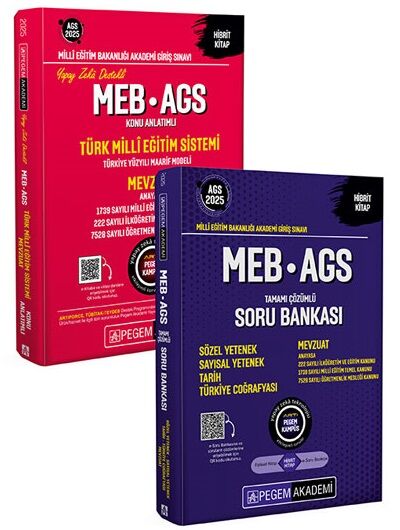 Pegem 2025 MEB-AGS Türk Milli Eğitim Sistemi ve Mevzuat Konu Anlatımlı + Sözel-Sayısal Yetenek, Tarih, Türkiye Coğrafyası Soru Bankası 2 li Set Pegem Akademi Yayınları