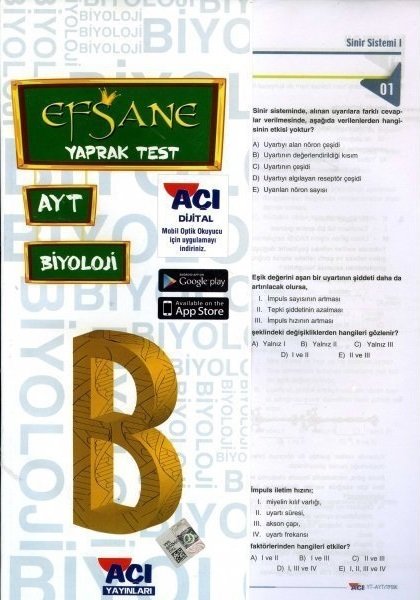 Açı Yayınları YKS AYT Biyoloji Yaprak Test Açı Yayınları