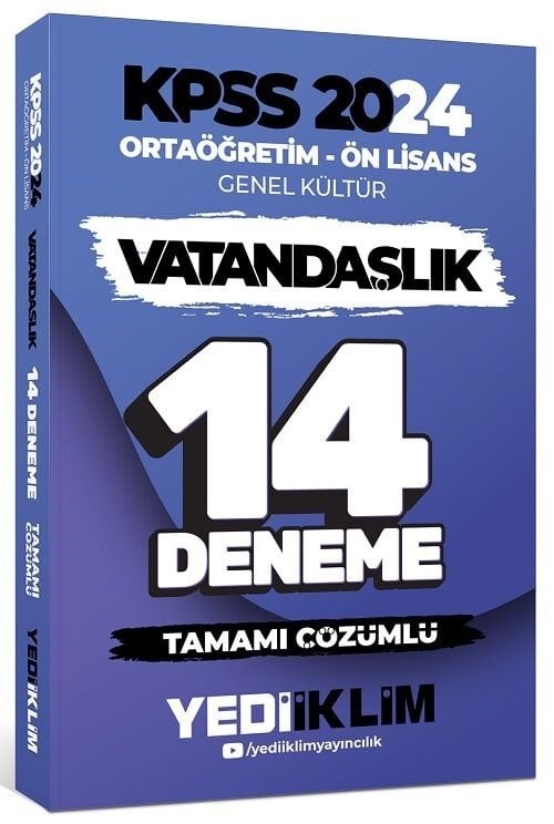 Yediiklim 2024 KPSS Lise Ortaöğretim Ön Lisans Vatandaşlık 14 Deneme Çözümlü Yediiklim Yayınları