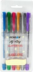 Pensan My King İnce Uçlu Keçeli Simli Jel Kalem Glitter Renkler 6 lı 1.0 mm