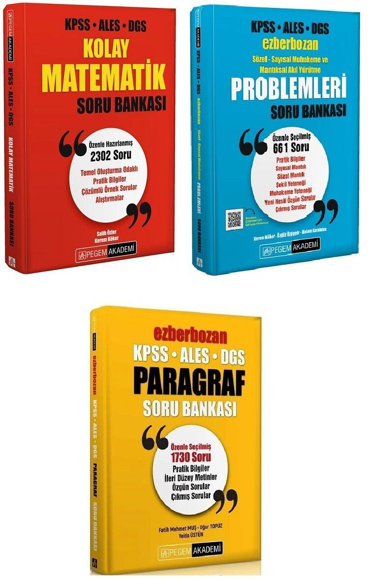 Pegem KPSS ALES DGS Kolay Matematik + Ezberbozan Problemler + Paragraf Soru 3 lü Set Pegem Akademi Yayınları