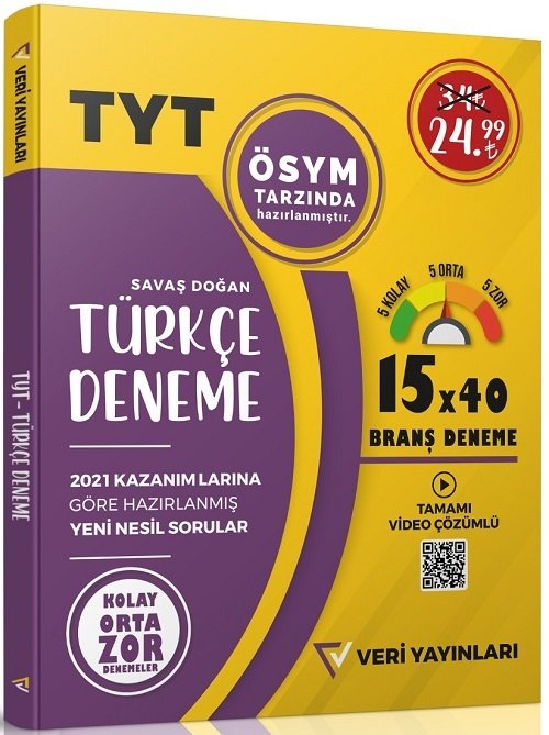 Veri Yayınları 2021 YKS TYT Türkçe 15x40 Branş Denemeleri Veri Yayınları