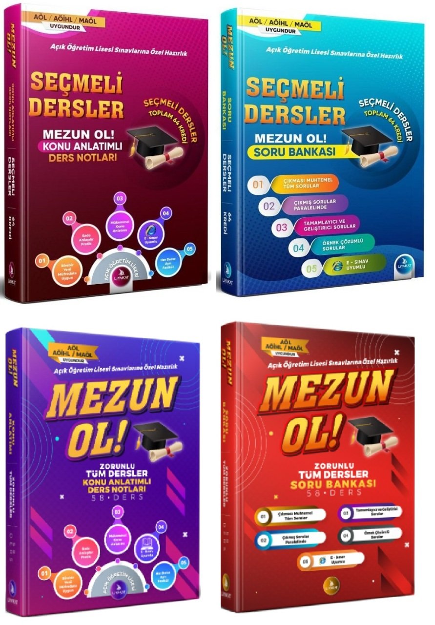 Liyakat MEZUN OL Açık Öğretim Lisesi Zorunlu + Seçmeli Dersler Konu + Soru Bankası 4 lü Set Liyakat Yayınları