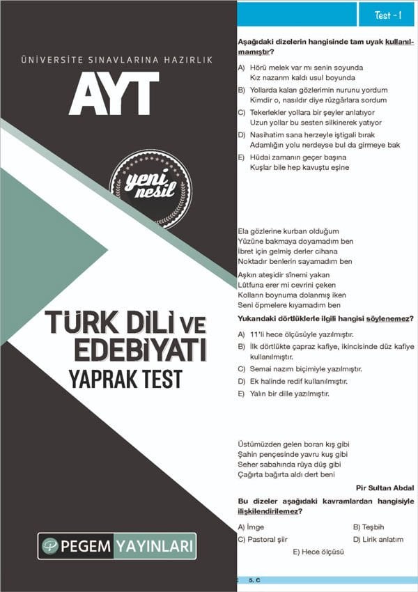 Pegem YKS AYT Türk Dili ve Edebiyatı Yaprak Test Pegem Akademi Yayınları