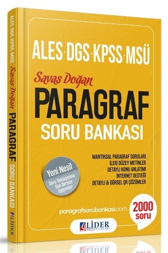 Lider 2019 KPSS ALES DGS MSÜ Paragraf Soru Bankası Çözümlü Savaş Doğan Lider Yayınları