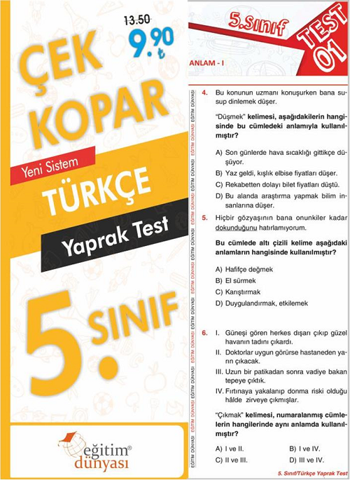 SÜPER FİYAT - Eğitim Dünyası 5. Sınıf Türkçe Yaprak Test Çek Kopar Eğitim Dünyası Yayınları