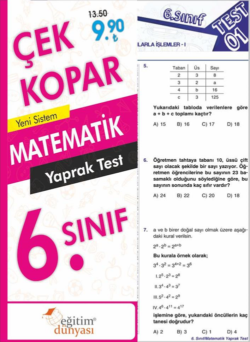 SÜPER FİYAT - Eğitim Dünyası 6. Sınıf Matematik Yaprak Test Çek Kopar Eğitim Dünyası Yayınları