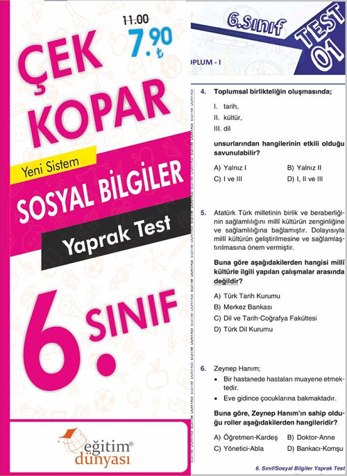 SÜPER FİYAT - Eğitim Dünyası 6. Sınıf Sosyal Bilgiler Yaprak Test Çek Kopar Eğitim Dünyası Yayınları