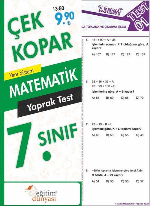 SÜPER FİYAT - Eğitim Dünyası 7. Sınıf Matematik Yaprak Test Çek Kopar Eğitim Dünyası Yayınları