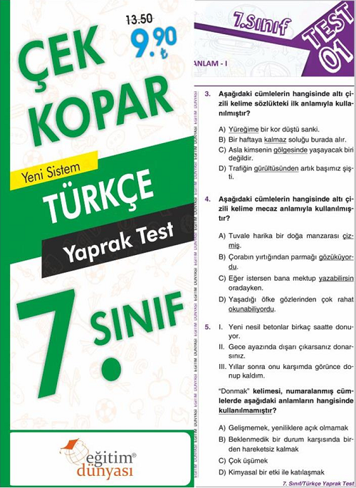 SÜPER FİYAT - Eğitim Dünyası 7. Sınıf Türkçe Yaprak Test Çek Kopar Eğitim Dünyası Yayınları