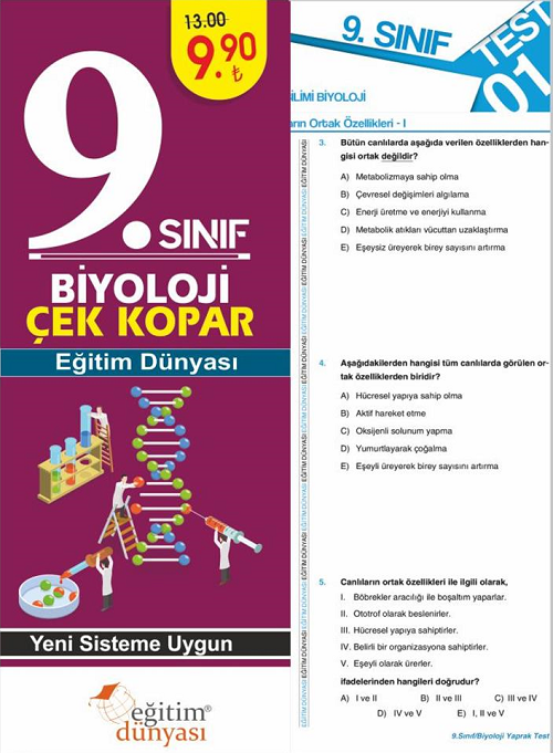 SÜPER FİYAT - Eğitim Dünyası 9. Sınıf Biyoloji Yaprak Test Çek Kopar Eğitim Dünyası Yayınları