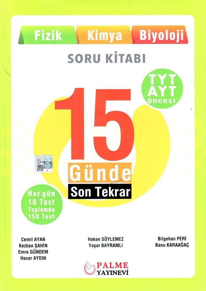 Palme YKS AYT Öncesi Fizik-Kimya-Biyoloji 15 Günde Son Tekrar Soru Kitabı Palme Yayınevi