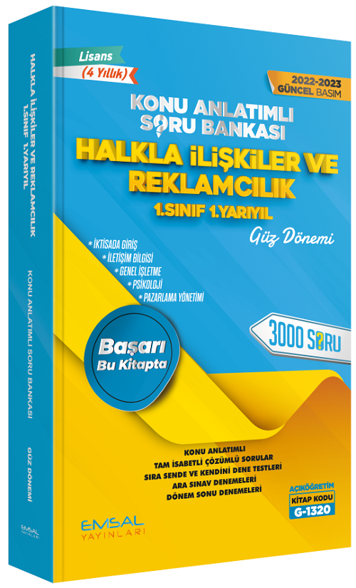 Emsal 2022-23 Açıköğretim G-1320 1. Snıf 1. Yarıyıl Güz HALKLA İLİŞKİLER ve REKLAMCILIK Konu Anlatımlı Soru Bankası Emsal Yayınları