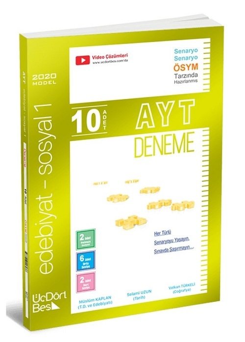 Üç Dört Beş 2020 YKS AYT Edebiyat Sosyal Bilimler-1 10 Deneme Video Çözümlü Üç Dört Beş Yayınları