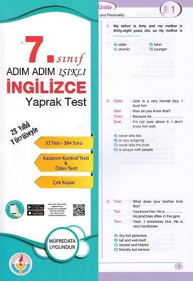 SÜPER FİYAT - Bilal Işıklı 7. Sınıf İngilizce Yaprak Test Adım Adım Işıklı Bilal Işıklı Yayınları