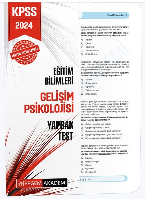 Pegem 2024 KPSS Eğitim Bilimleri Gelişim Psikolojisi Yaprak Test Pegem Akademi Yayınları