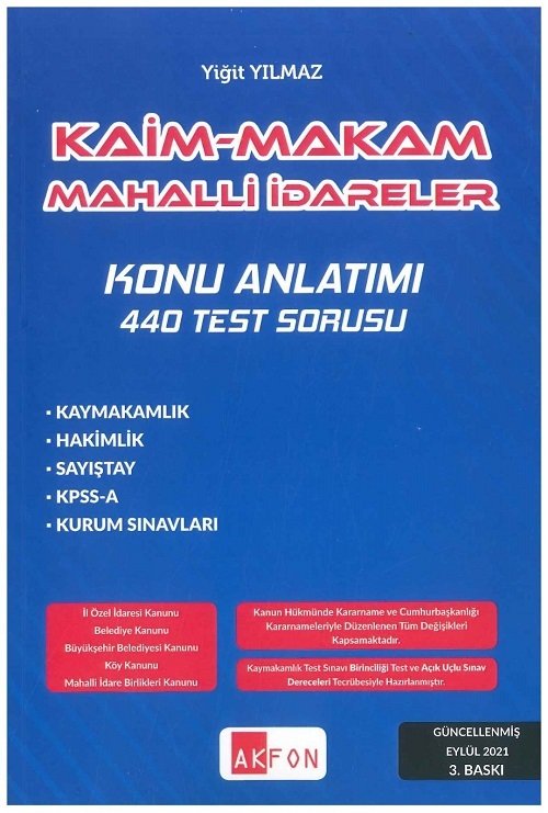 Akfon Kaim Makam Mahalli İdareler Konu Anlatımı 400 Test Sorusu Eylül 2021 3. Baskı Akfon Yayınları