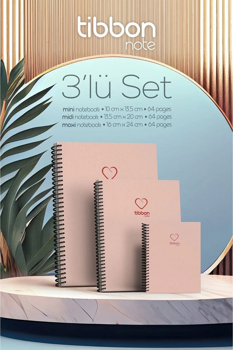 Tibbon Note Defter Spiralli Çizgisiz 3 lü Set Pembe - 59