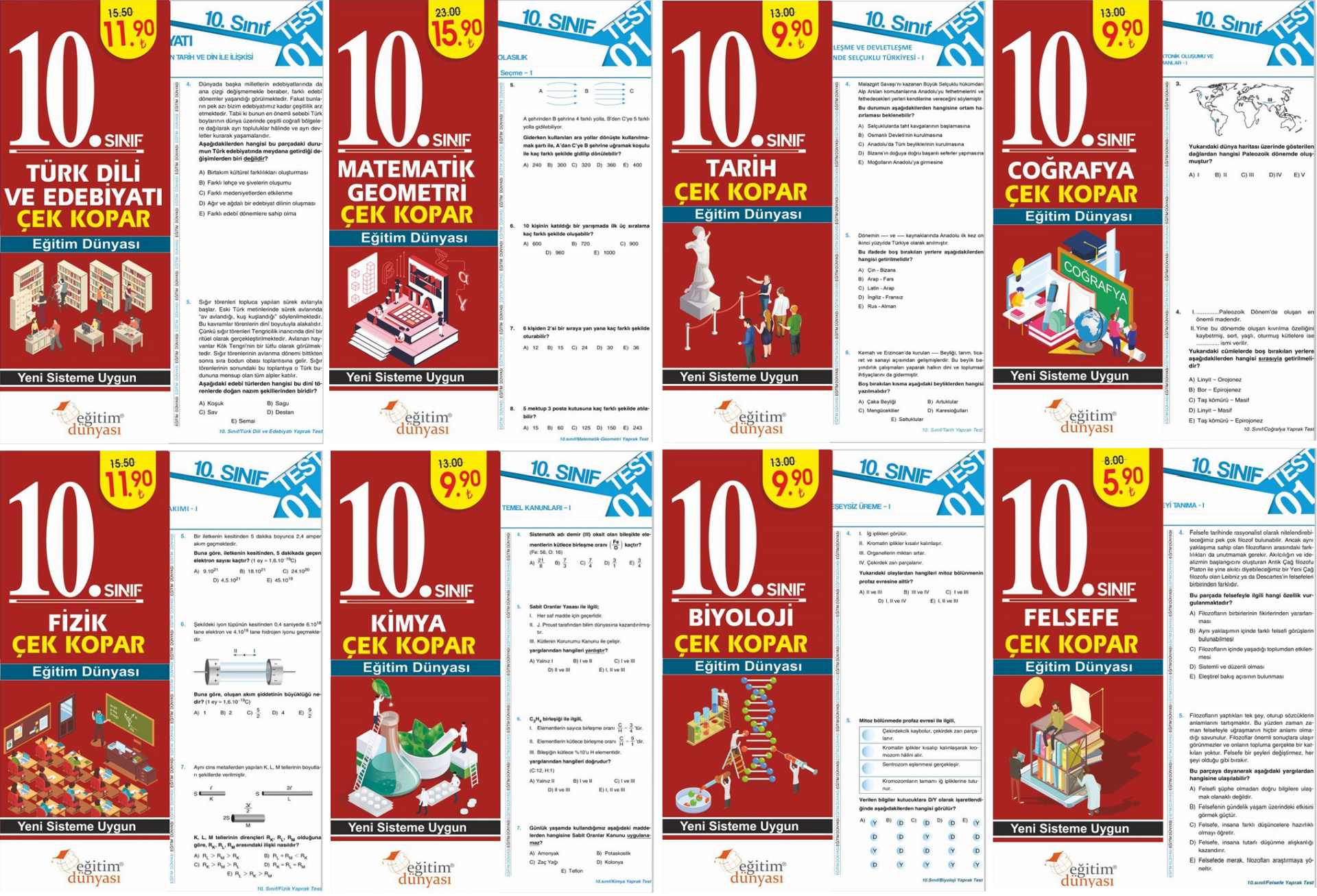 SÜPER FİYAT - Eğitim Dünyası 10. Sınıf Tüm Dersler Yaprak Test Çek Kopar 8 li Set Eğitim Dünyası Yayınları