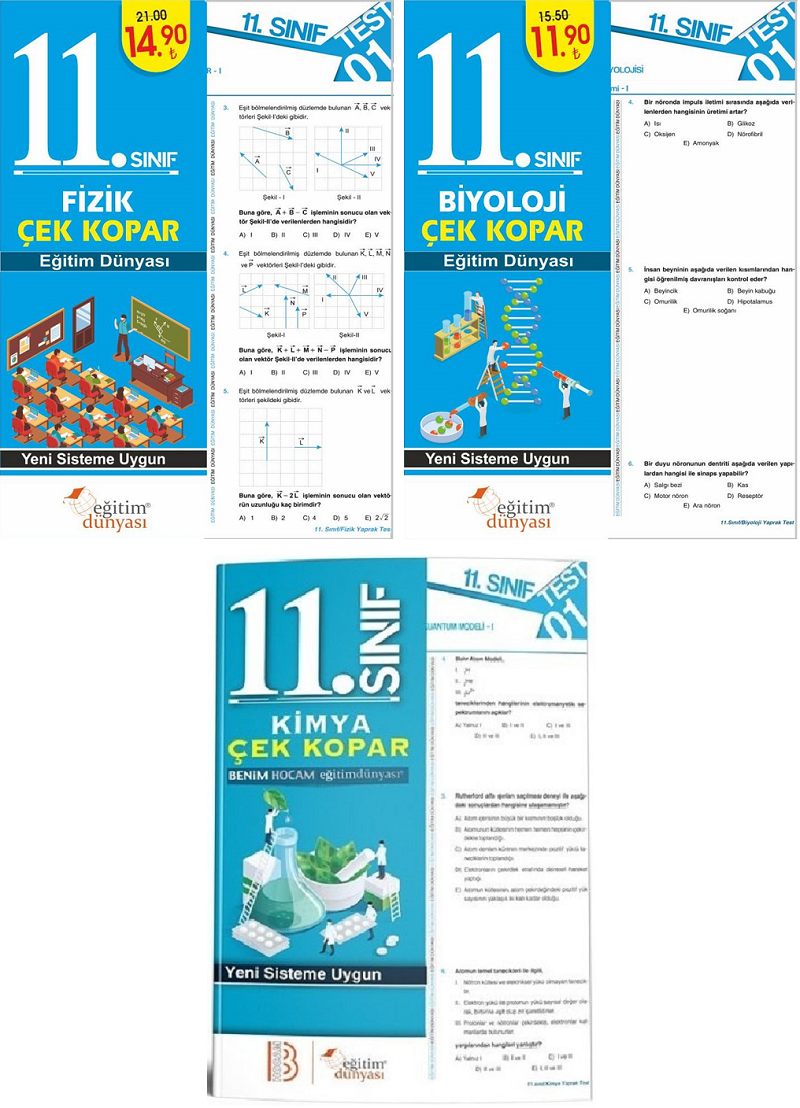 SÜPER FİYAT - Eğitim Dünyası 11. Sınıf Fizik+Kimya+Biyoloji Yaprak Test Çek Kopar 3 lü Set Eğitim Dünyası Yayınları