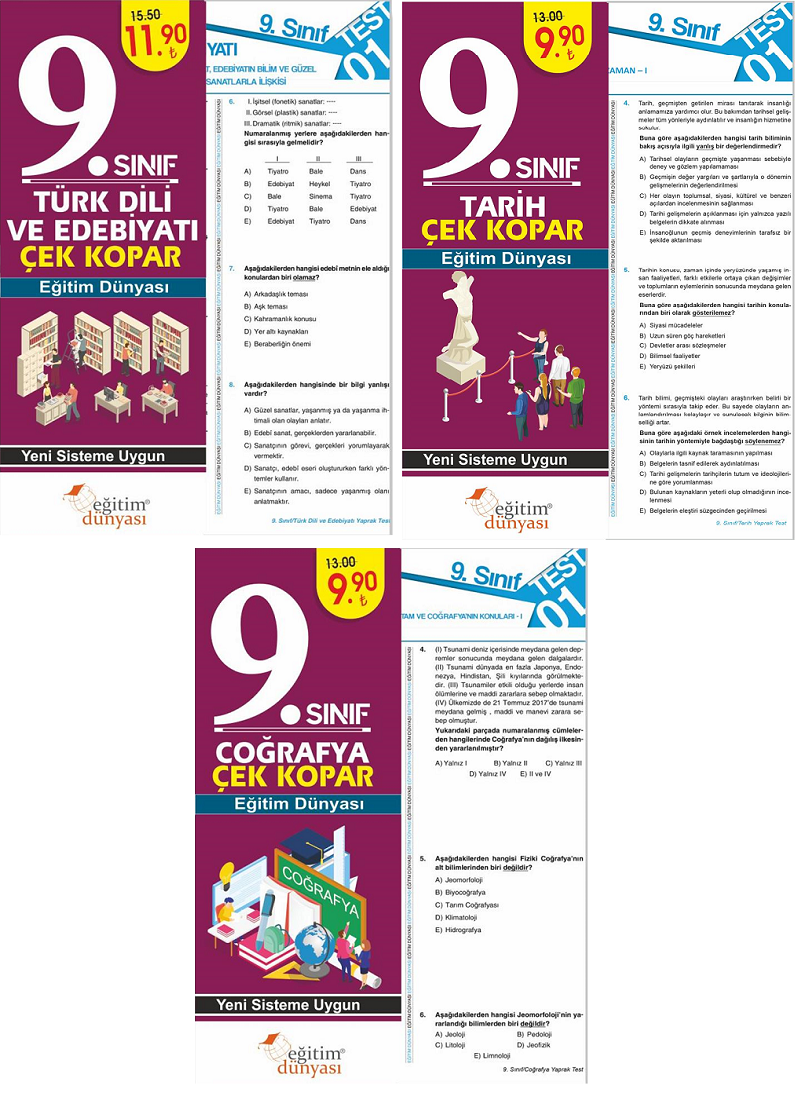 SÜPER FİYAT - Eğitim Dünyası 9. Sınıf Sözel Yaprak Test Çek Kopar 3 lü Set Eğitim Dünyası Yayınları