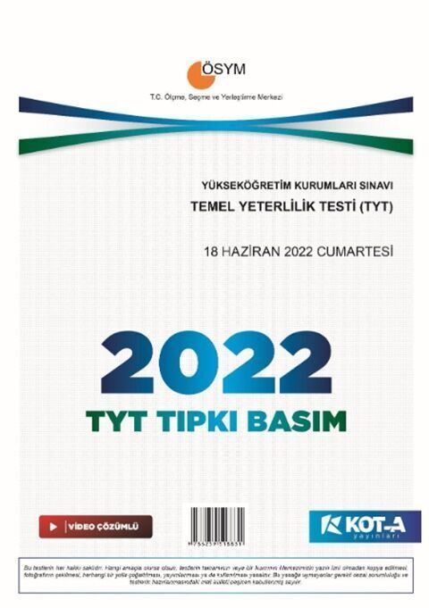 Kota 2022 YKS TYT Tıpkı Basım Çıkmış Sorular Kota Yayınları