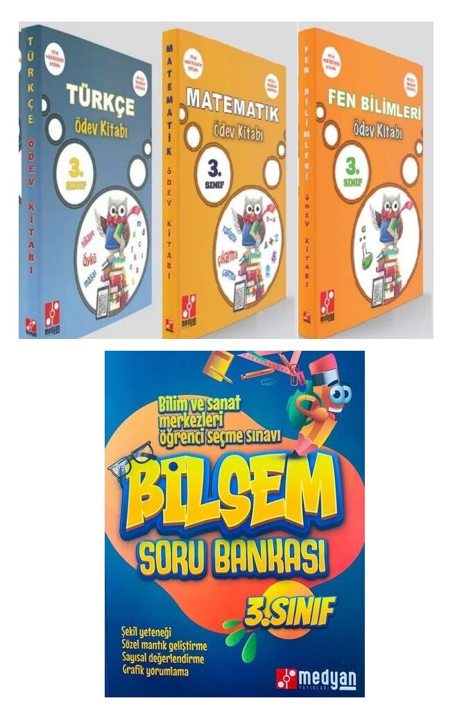 SÜPER FİYAT - Medyan 3. Sınıf BİLSEM Türkçe + Matematik + Fen Bilimleri Soru+Ödev Kitabı 4 lü Set Medyan Yayınları